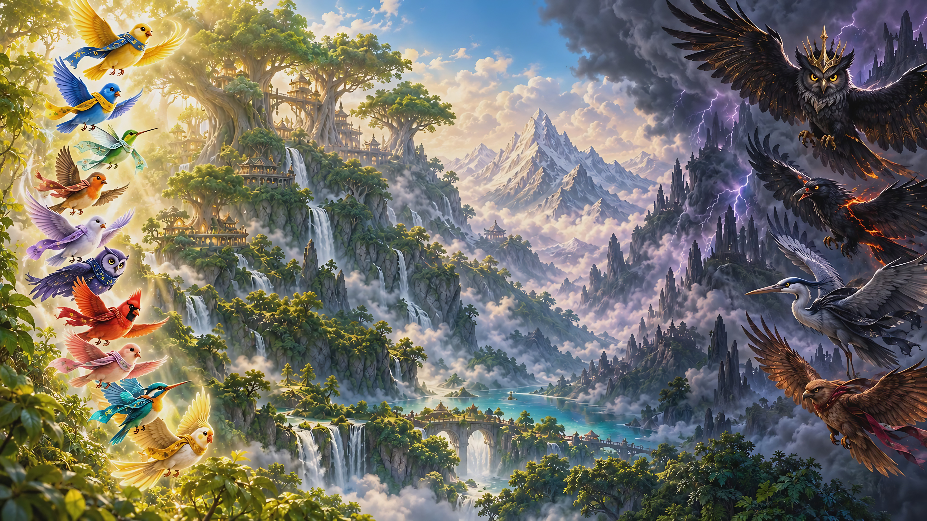 The ten Prayer Birds flying through golden light over Auravale while the shadowed Cindervale birds gather under storm clouds